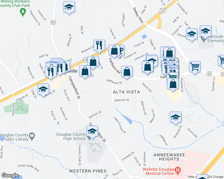 map of restaurants, bars, coffee shops, grocery stores, and more near 8454 Dawn Avenue in Douglasville