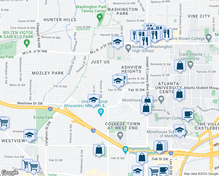 map of restaurants, bars, coffee shops, grocery stores, and more near 1077 Ashby Grove Southwest in Atlanta