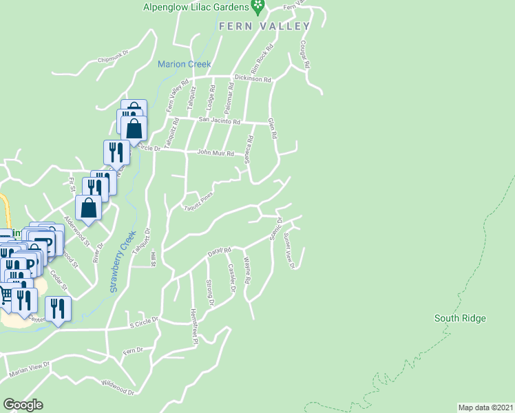 map of restaurants, bars, coffee shops, grocery stores, and more near San Bernardino National Forest in Idyllwild-Pine Cove