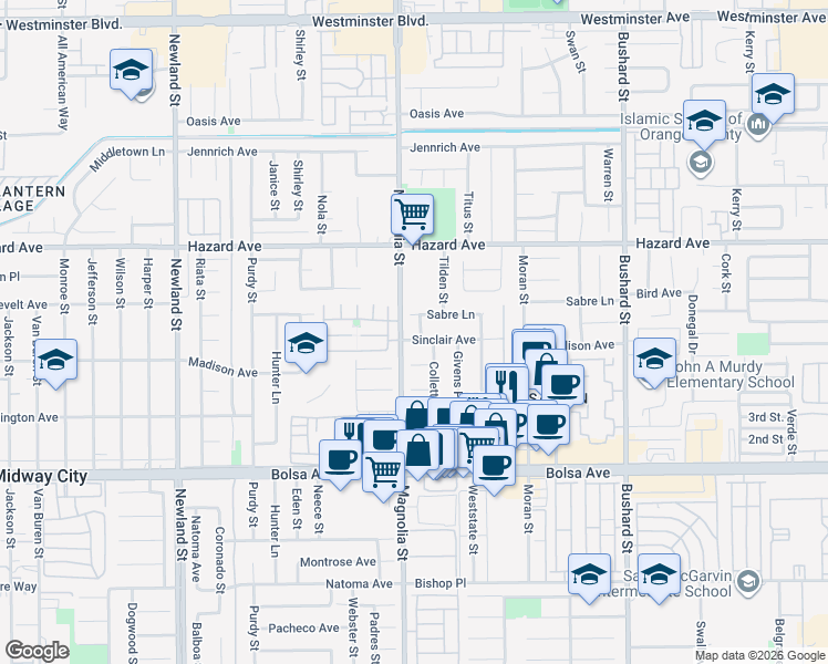map of restaurants, bars, coffee shops, grocery stores, and more near 9001 Sabre Lane in Westminster