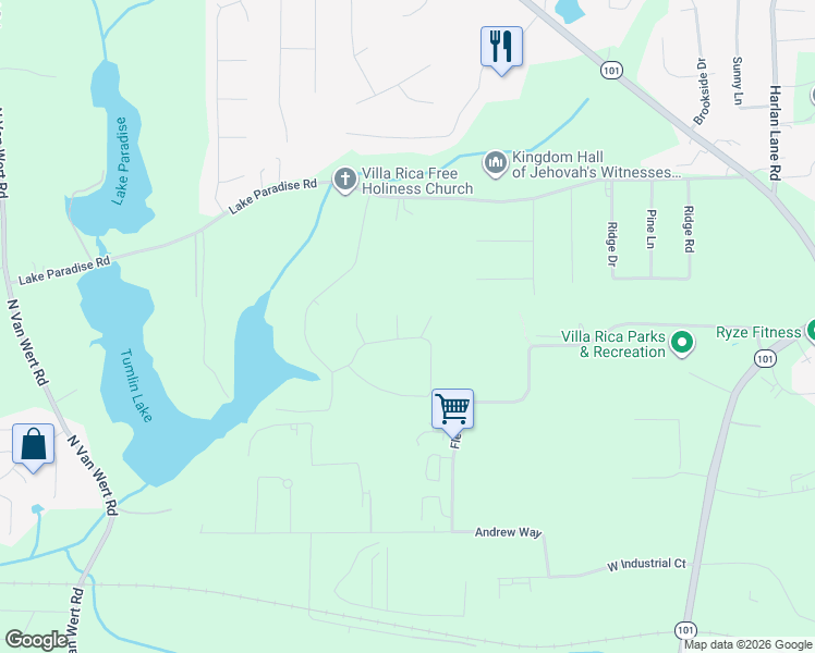 map of restaurants, bars, coffee shops, grocery stores, and more near 30 North Pine Place in Villa Rica