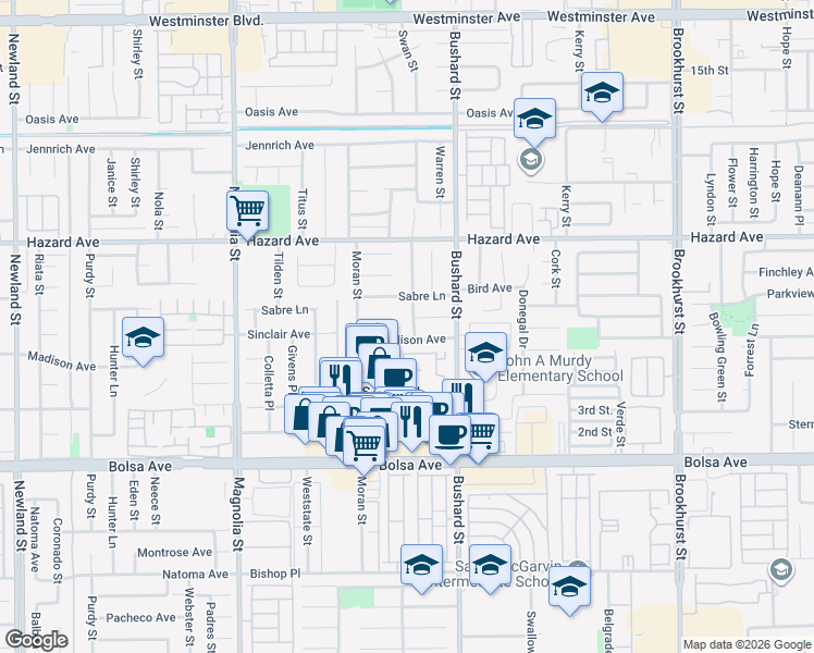 map of restaurants, bars, coffee shops, grocery stores, and more near 14701 Ontario Drive in Westminster