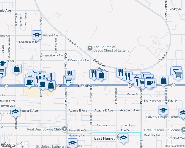 map of restaurants, bars, coffee shops, grocery stores, and more near 2906 Mockingbird Lane in Hemet
