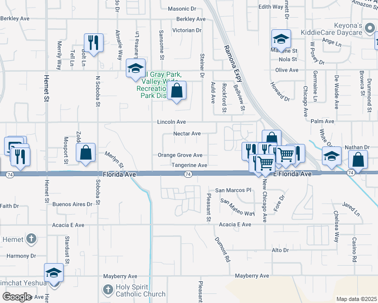 map of restaurants, bars, coffee shops, grocery stores, and more near 5620 Orange Grove Avenue in Hemet