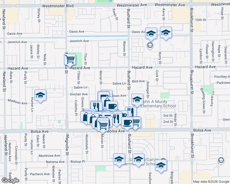 map of restaurants, bars, coffee shops, grocery stores, and more near 14701 Ontario Drive in Westminster