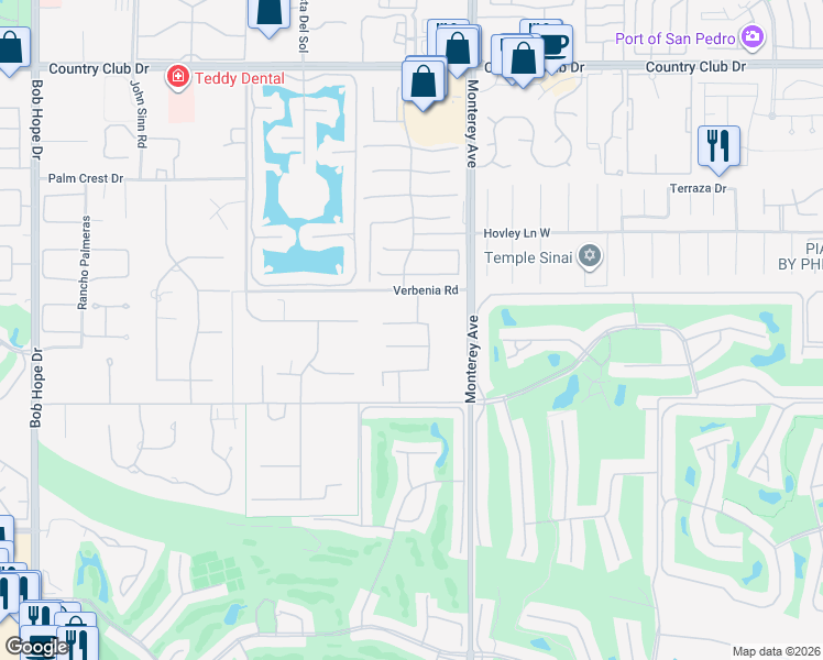 map of restaurants, bars, coffee shops, grocery stores, and more near 72741 Verbenia Road in Rancho Mirage