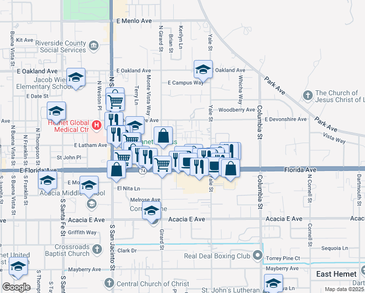 map of restaurants, bars, coffee shops, grocery stores, and more near 194 North Mayflower Street in Hemet