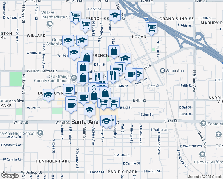 map of restaurants, bars, coffee shops, grocery stores, and more near 510 Mortimer Street in Santa Ana