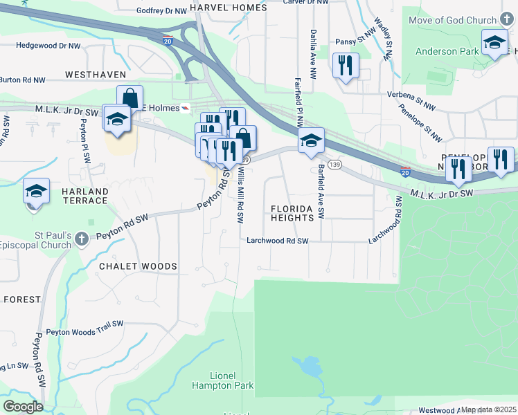 map of restaurants, bars, coffee shops, grocery stores, and more near 212 Silver Springs Circle Southwest in Atlanta