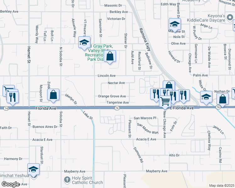 map of restaurants, bars, coffee shops, grocery stores, and more near 5620 Orange Grove Avenue in Hemet