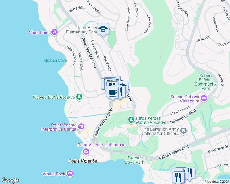 map of restaurants, bars, coffee shops, grocery stores, and more near 31176 Hawthorne Boulevard in Rancho Palos Verdes
