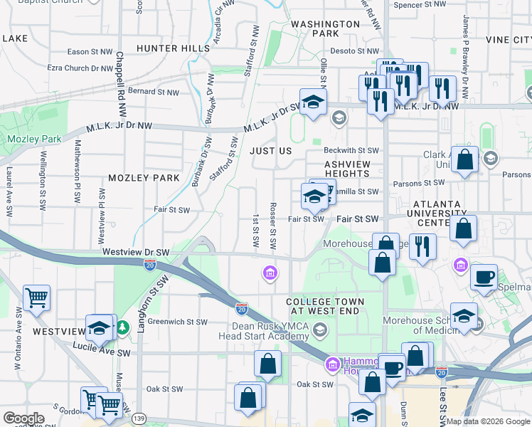map of restaurants, bars, coffee shops, grocery stores, and more near 1137 Fair Street Southwest in Atlanta