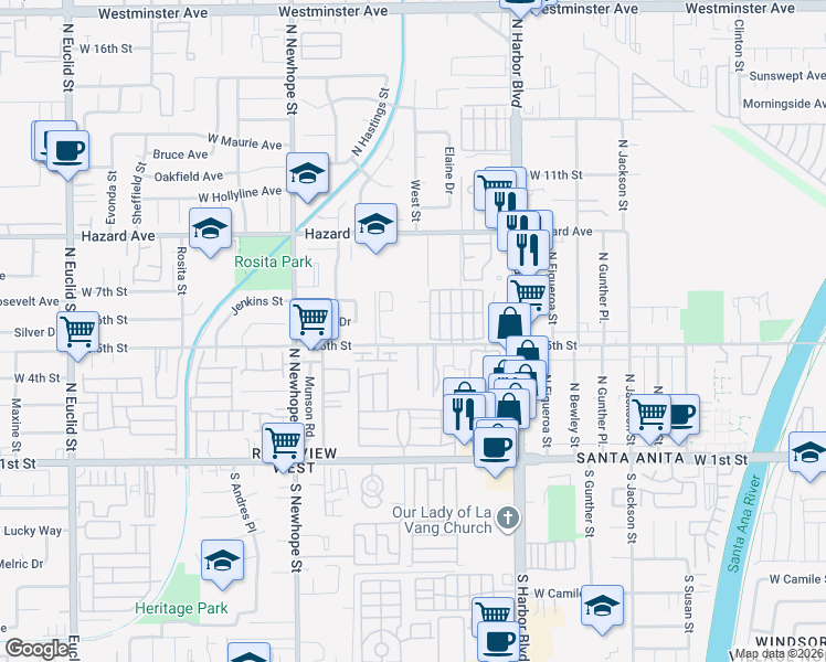map of restaurants, bars, coffee shops, grocery stores, and more near 4109 West 5th Street in Santa Ana