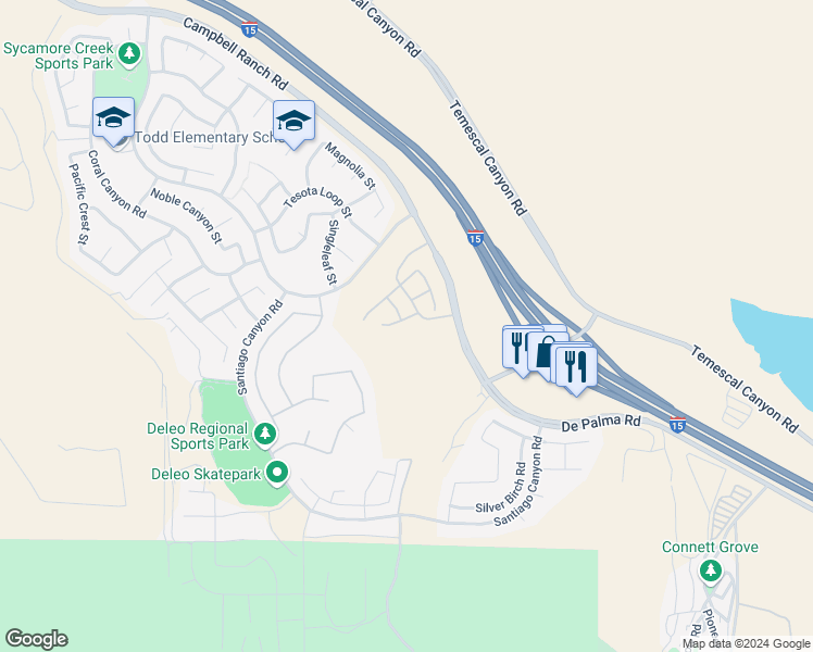 map of restaurants, bars, coffee shops, grocery stores, and more near 11567 Elderberry Lane in Corona