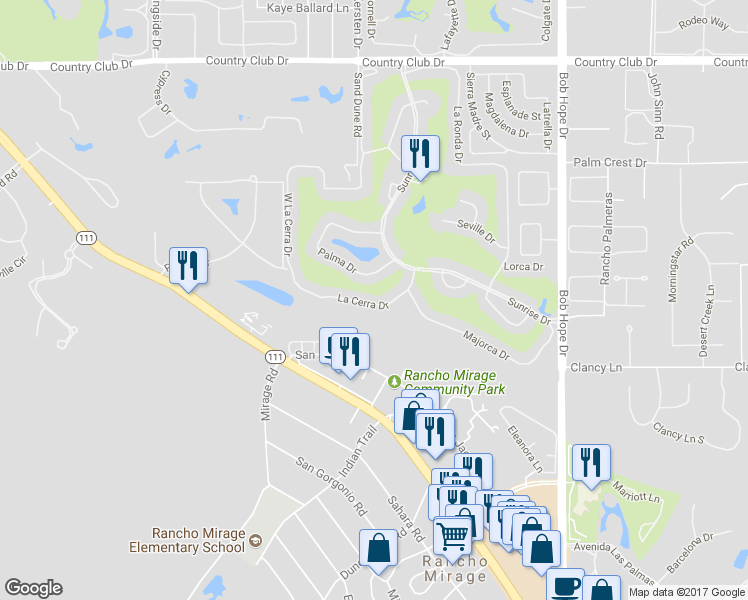 map of restaurants, bars, coffee shops, grocery stores, and more near 14 Palma Drive in Rancho Mirage