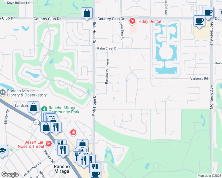 map of restaurants, bars, coffee shops, grocery stores, and more near 1 Via Perugia in Rancho Mirage