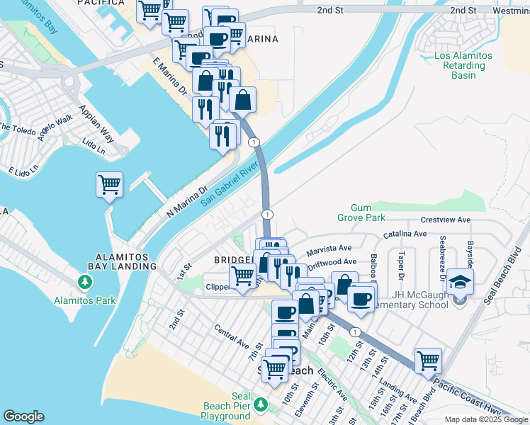 map of restaurants, bars, coffee shops, grocery stores, and more near 204 Pacific Coast Highway in Seal Beach