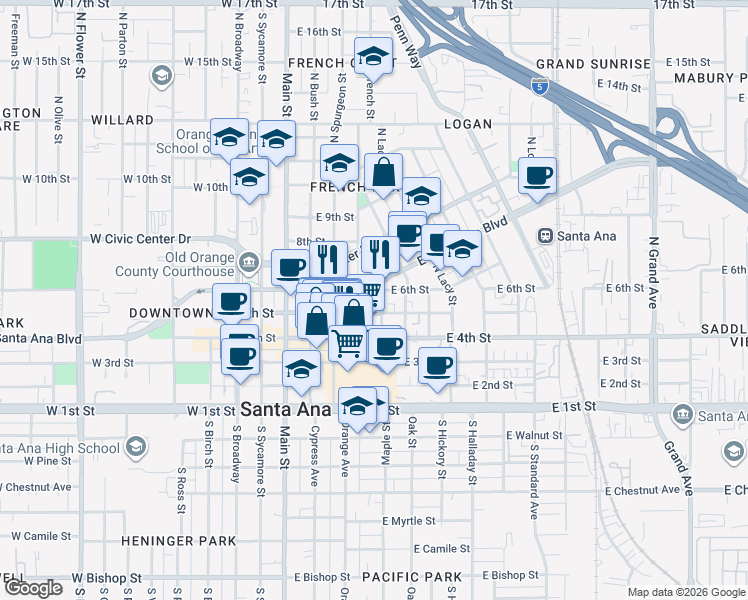 map of restaurants, bars, coffee shops, grocery stores, and more near 510 Mortimer Street in Santa Ana