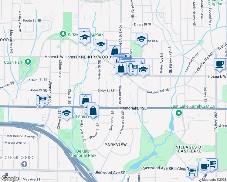 map of restaurants, bars, coffee shops, grocery stores, and more near 100 Eleanor Street Southeast in Atlanta