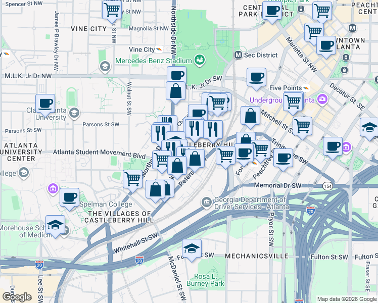 map of restaurants, bars, coffee shops, grocery stores, and more near 190 Walker Street Southwest in Atlanta
