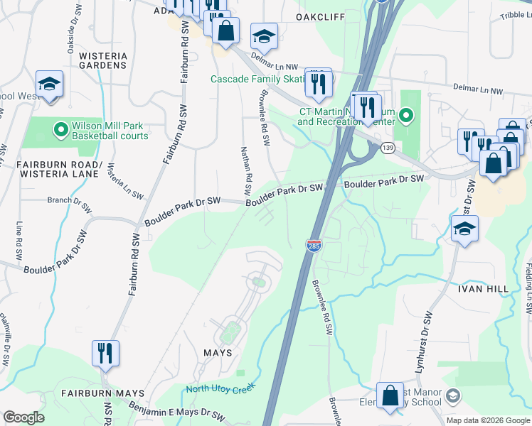 map of restaurants, bars, coffee shops, grocery stores, and more near 3440 Boulder Park Drive Southwest in Atlanta
