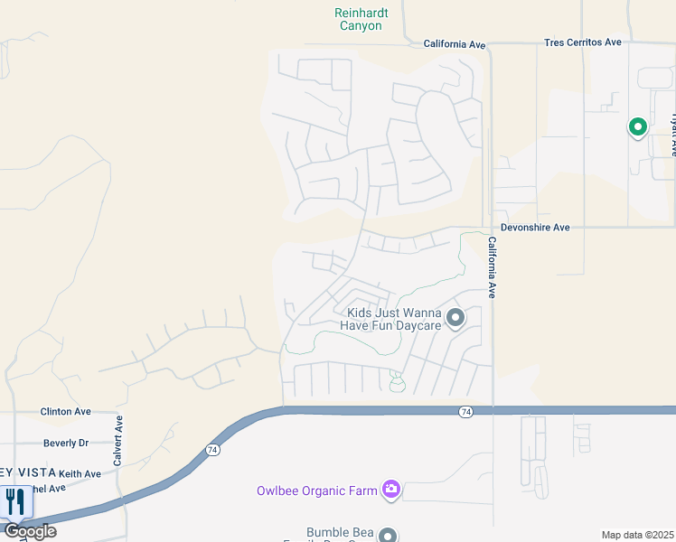 map of restaurants, bars, coffee shops, grocery stores, and more near 8161 Omeara Avenue in Hemet