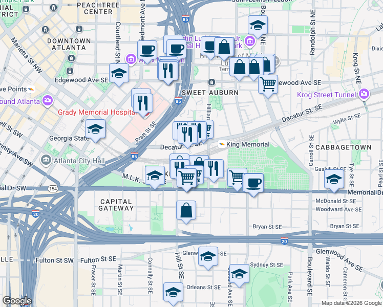map of restaurants, bars, coffee shops, grocery stores, and more near 322 Decatur Street Southeast in Atlanta