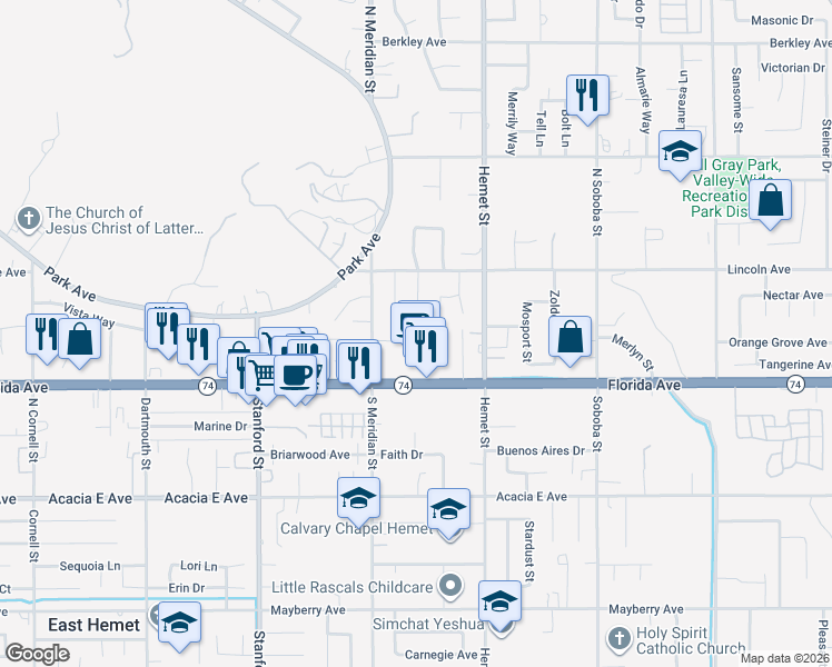 map of restaurants, bars, coffee shops, grocery stores, and more near 223 Glenmont Court in Hemet