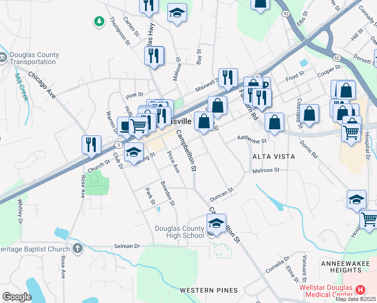 map of restaurants, bars, coffee shops, grocery stores, and more near in Douglasville
