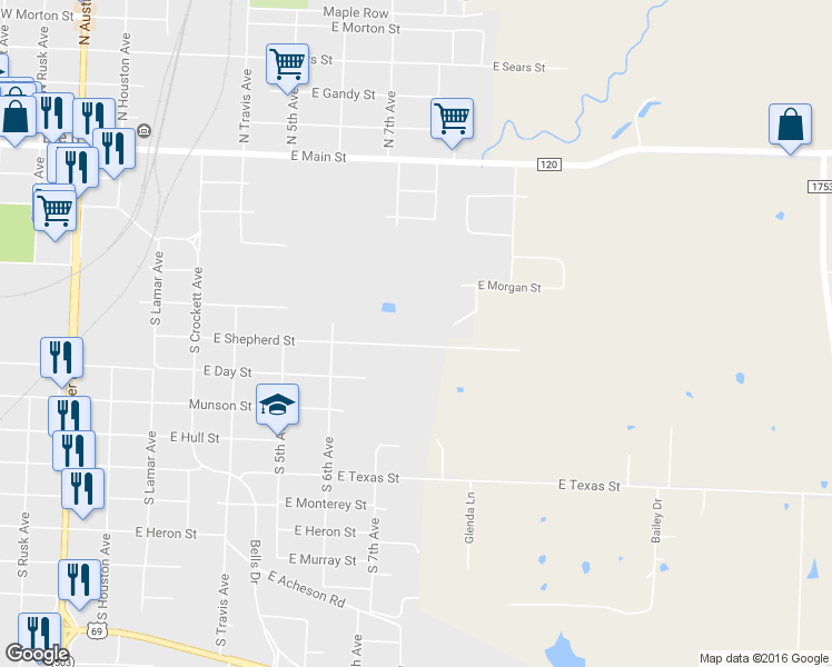 map of restaurants, bars, coffee shops, grocery stores, and more near 1090 East Shepherd Street in Denison