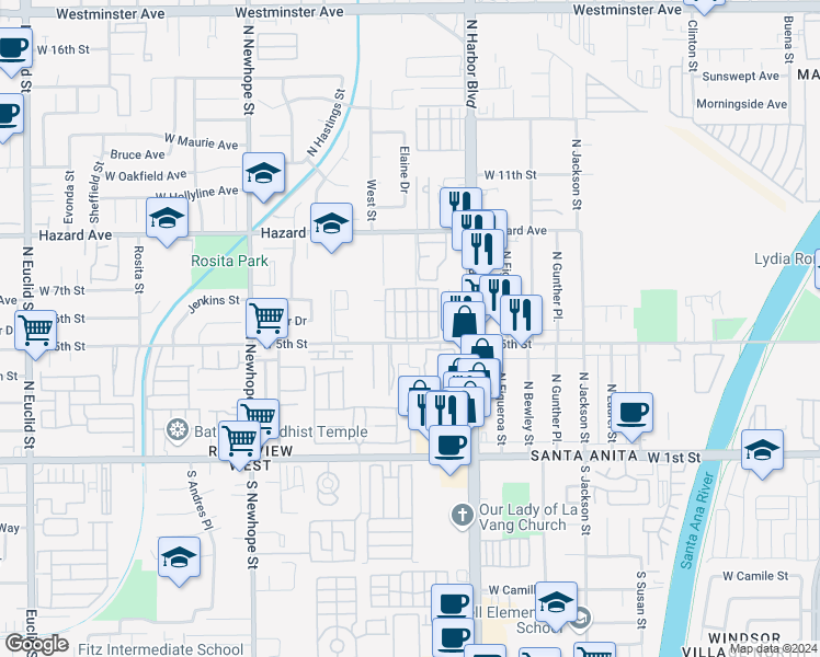 map of restaurants, bars, coffee shops, grocery stores, and more near in Santa Ana