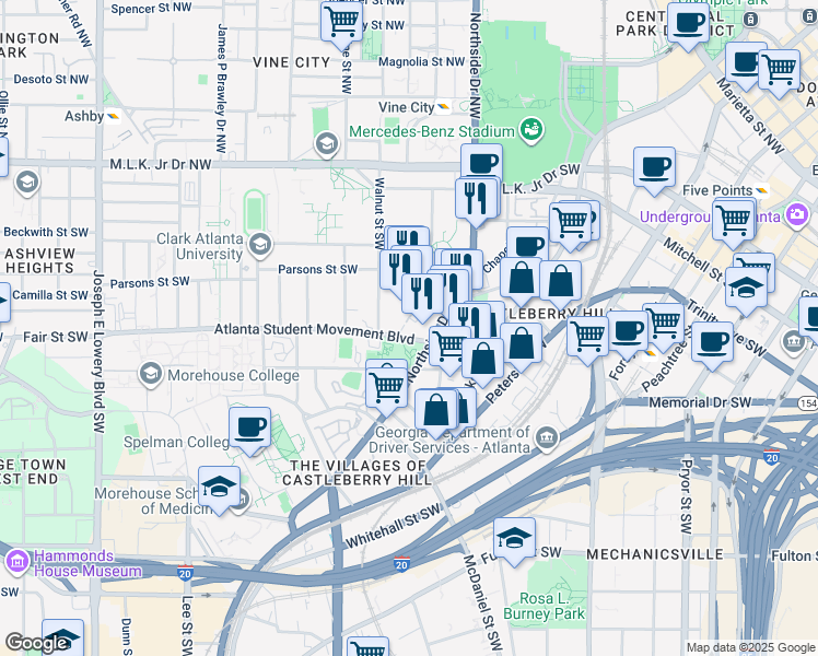 map of restaurants, bars, coffee shops, grocery stores, and more near 170 Bailey Street Southwest in Atlanta