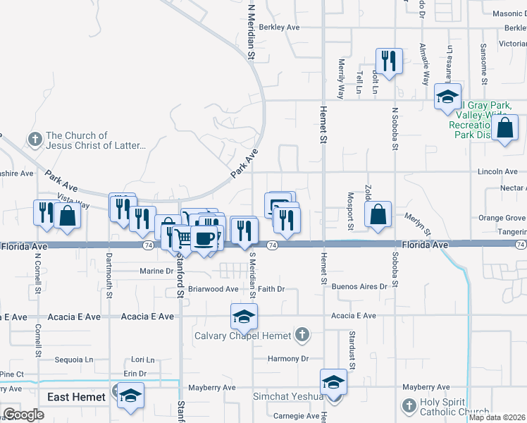 map of restaurants, bars, coffee shops, grocery stores, and more near 4146 Trevor Lane in Hemet