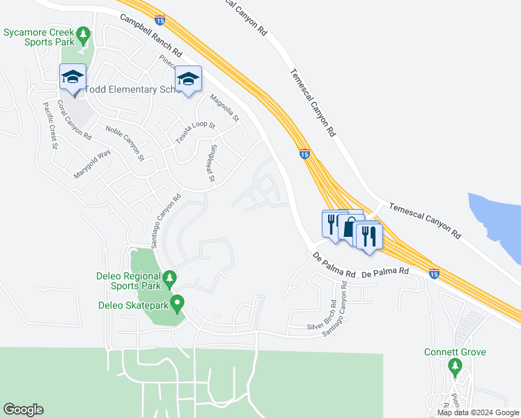 map of restaurants, bars, coffee shops, grocery stores, and more near 11567 Elderberry Lane in Corona