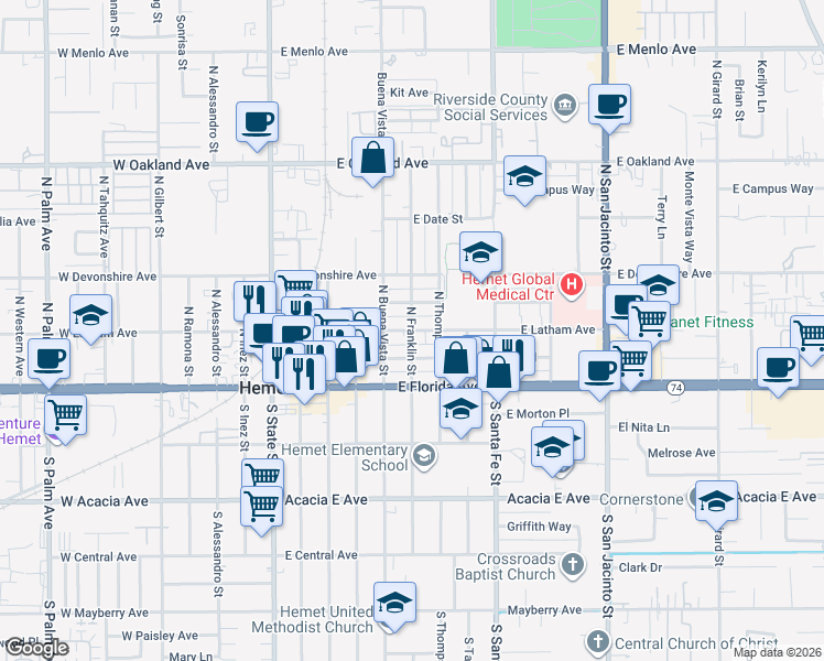 map of restaurants, bars, coffee shops, grocery stores, and more near East Latham Avenue & North Franklin Street in Hemet
