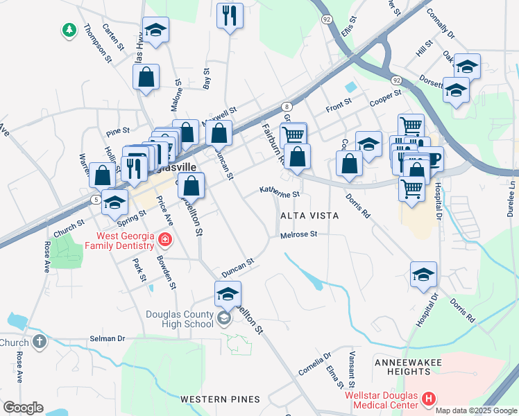 map of restaurants, bars, coffee shops, grocery stores, and more near 8478 Duncan Street in Douglasville