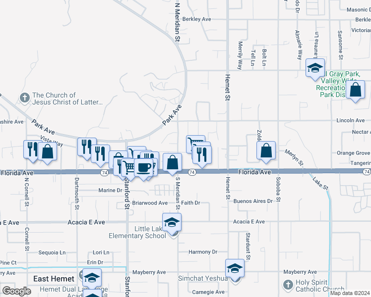map of restaurants, bars, coffee shops, grocery stores, and more near 4146 Trevor Lane in Hemet