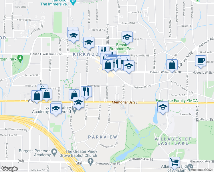 map of restaurants, bars, coffee shops, grocery stores, and more near 113 Howard Street Southeast in Atlanta