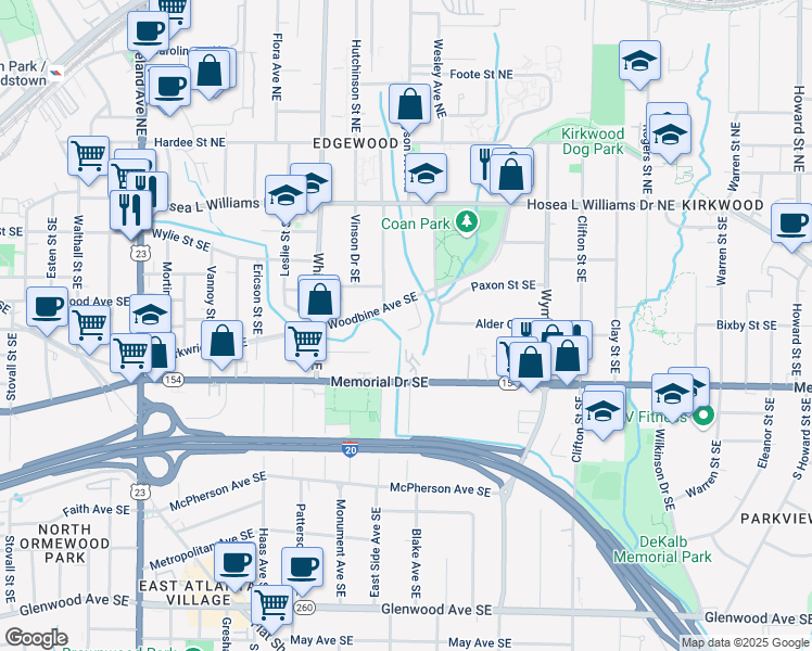 map of restaurants, bars, coffee shops, grocery stores, and more near 169 Woodbine Circle Southeast in Atlanta