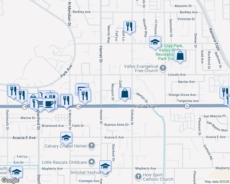 map of restaurants, bars, coffee shops, grocery stores, and more near 186 Mosport Street in Hemet
