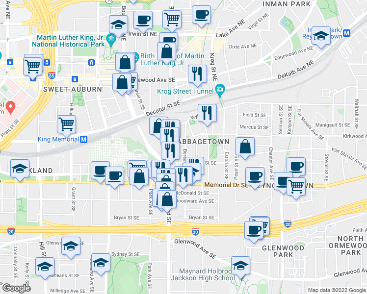 map of restaurants, bars, coffee shops, grocery stores, and more near 189 Berean Avenue Southeast in Atlanta