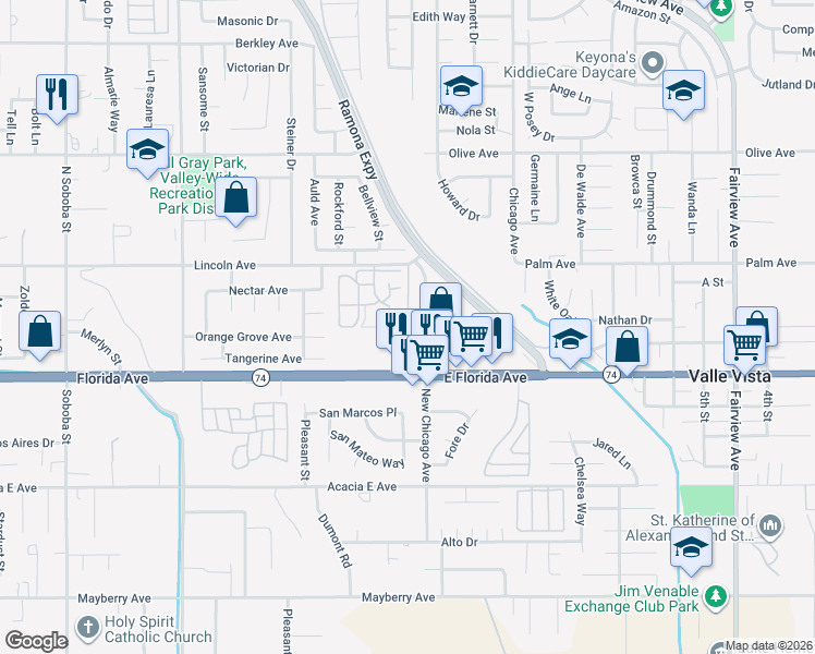 map of restaurants, bars, coffee shops, grocery stores, and more near Hacienda St & Andalucia Dr in Valle Vista