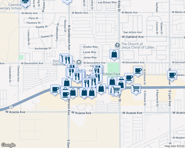 map of restaurants, bars, coffee shops, grocery stores, and more near 2888 Rafferty Road in Hemet
