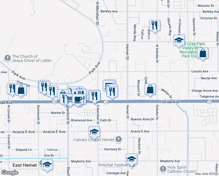 map of restaurants, bars, coffee shops, grocery stores, and more near 223 Glenmont Court in Hemet
