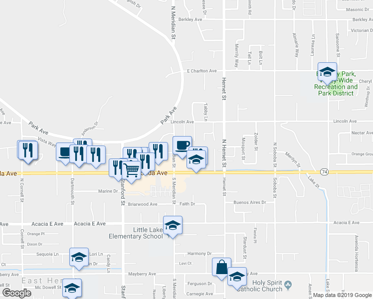 map of restaurants, bars, coffee shops, grocery stores, and more near 223 Glenmont Court in Hemet