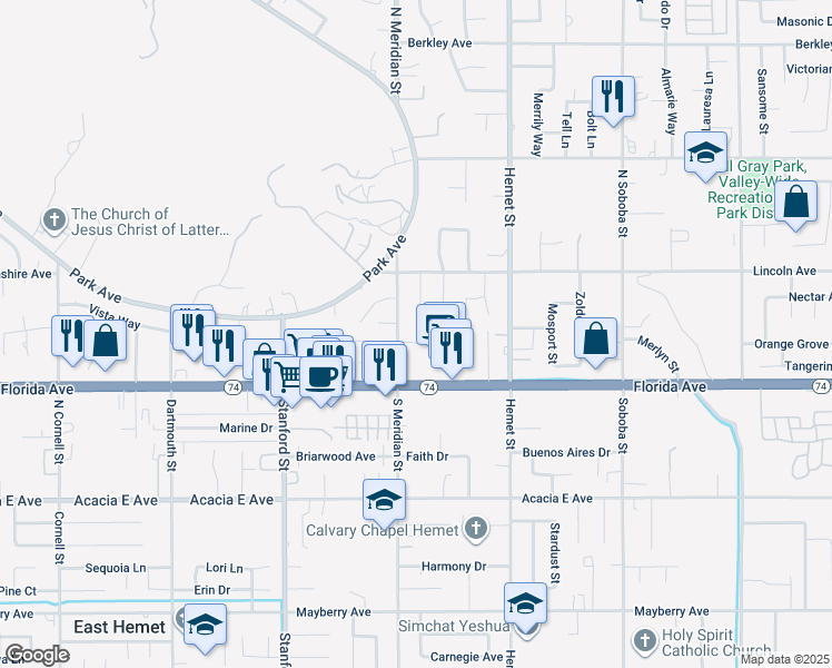map of restaurants, bars, coffee shops, grocery stores, and more near 228 North Meridian Street in Hemet