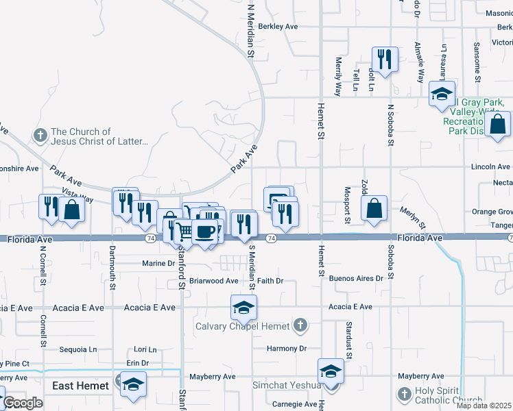 map of restaurants, bars, coffee shops, grocery stores, and more near 228 North Meridian Street in Hemet