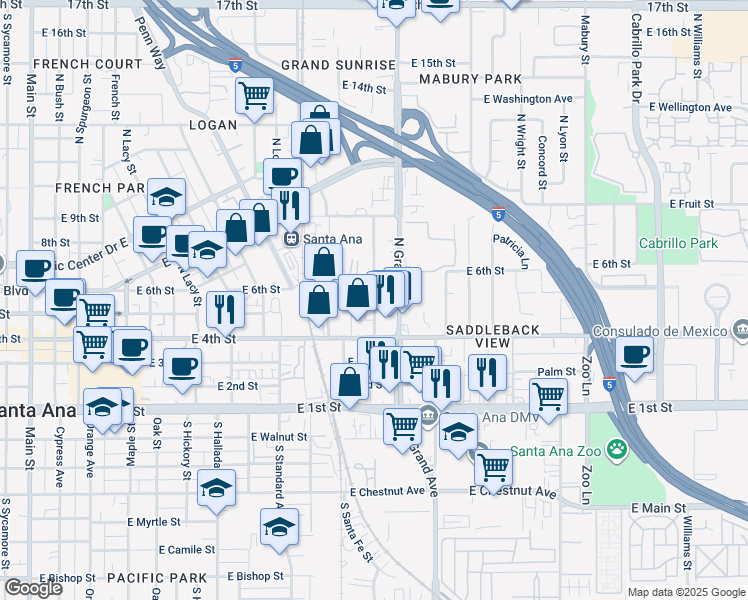 map of restaurants, bars, coffee shops, grocery stores, and more near 1105 East 6th Street in Santa Ana