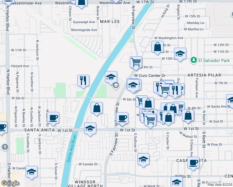 map of restaurants, bars, coffee shops, grocery stores, and more near 561 North Fairview Street in Santa Ana