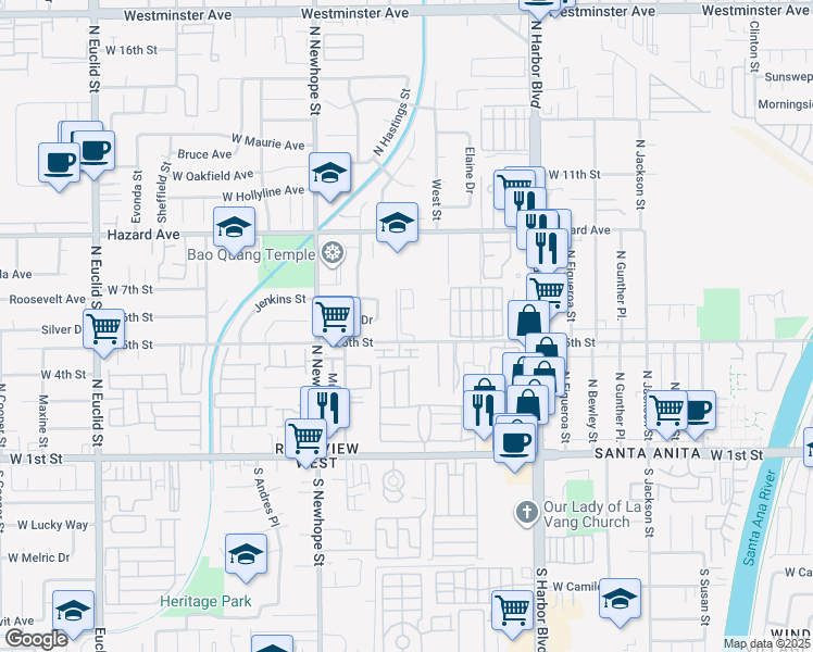 map of restaurants, bars, coffee shops, grocery stores, and more near 43 Huylars Lane in Santa Ana